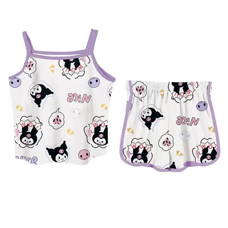 Kuromi Anime Kawaii Sanrio Pajamas Shirt Pants Cute Cartoon Summer New Children Suspenders Set Home Clothes Kids Gifts