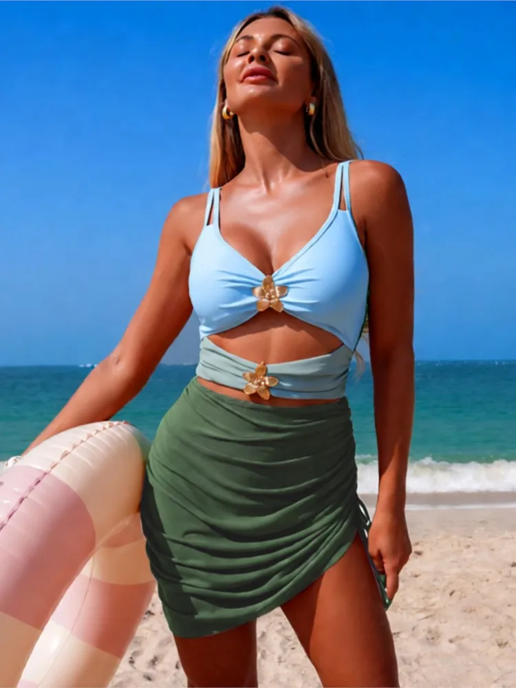 New High Waist Sexy Swimsuit Women Summer Bathing Suit Bikini Set Sleeveless Swimwear Cover Ups Beach Swimming Suit For Female