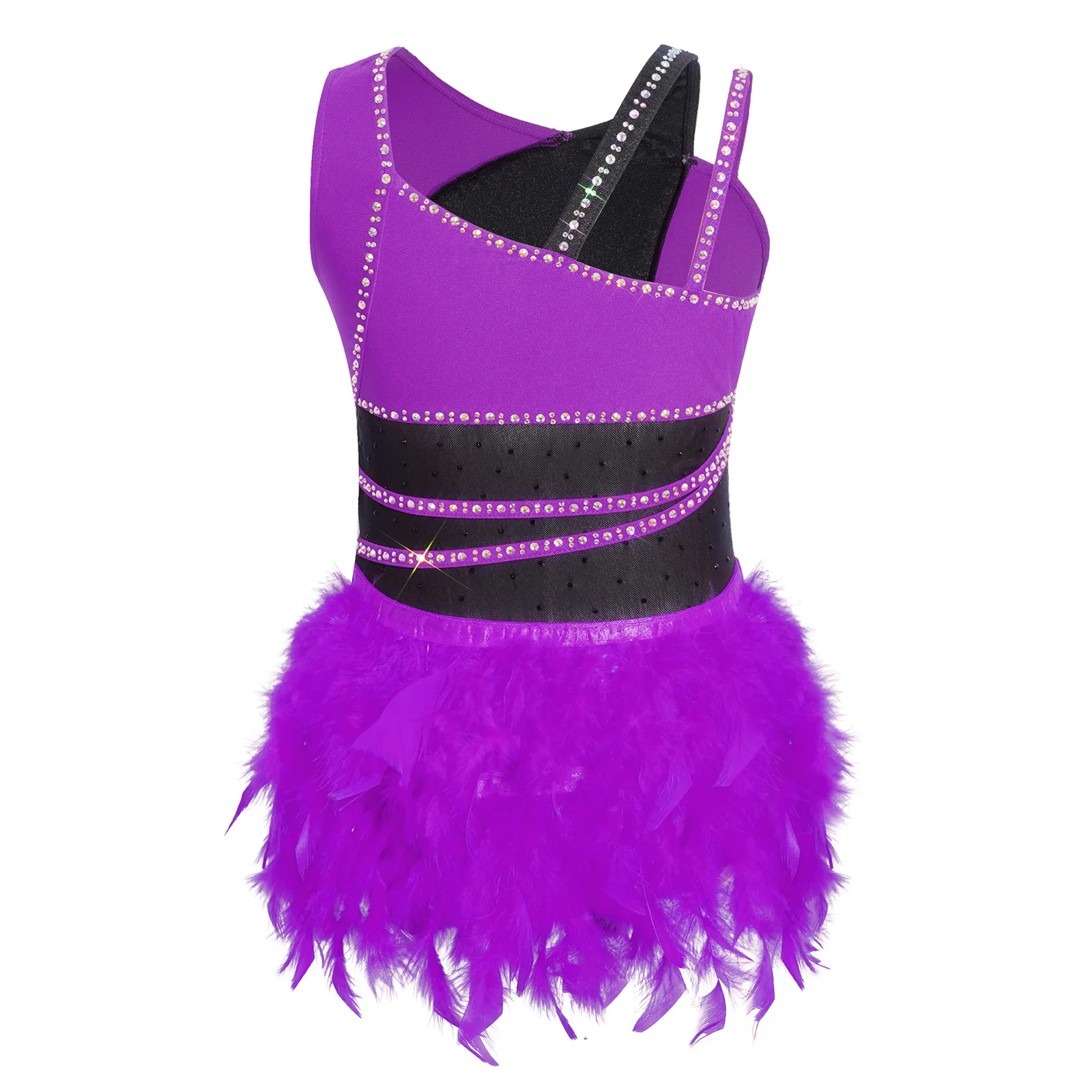 

Asymmetrical Shoulder Color Block Ballet Bodysuit Kids Girls Shiny Rhinestone Feather Latin Dance Leotard Chacha Tango Rumba