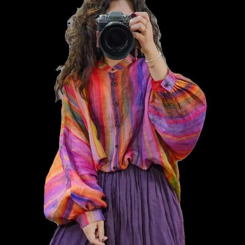 

Women's Linen Blouse Colorful Striped Puff Sleeve Loose Fit Sun Protection Casual Summer Top Plus Size Available
