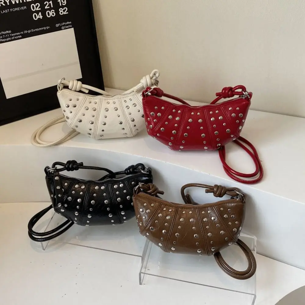 

Crossbody Bag Croissant Shoulder Bag Small Pack Brown Rivets PU Dumplings Bag Solid Color Korean Style Punk Style Handbags