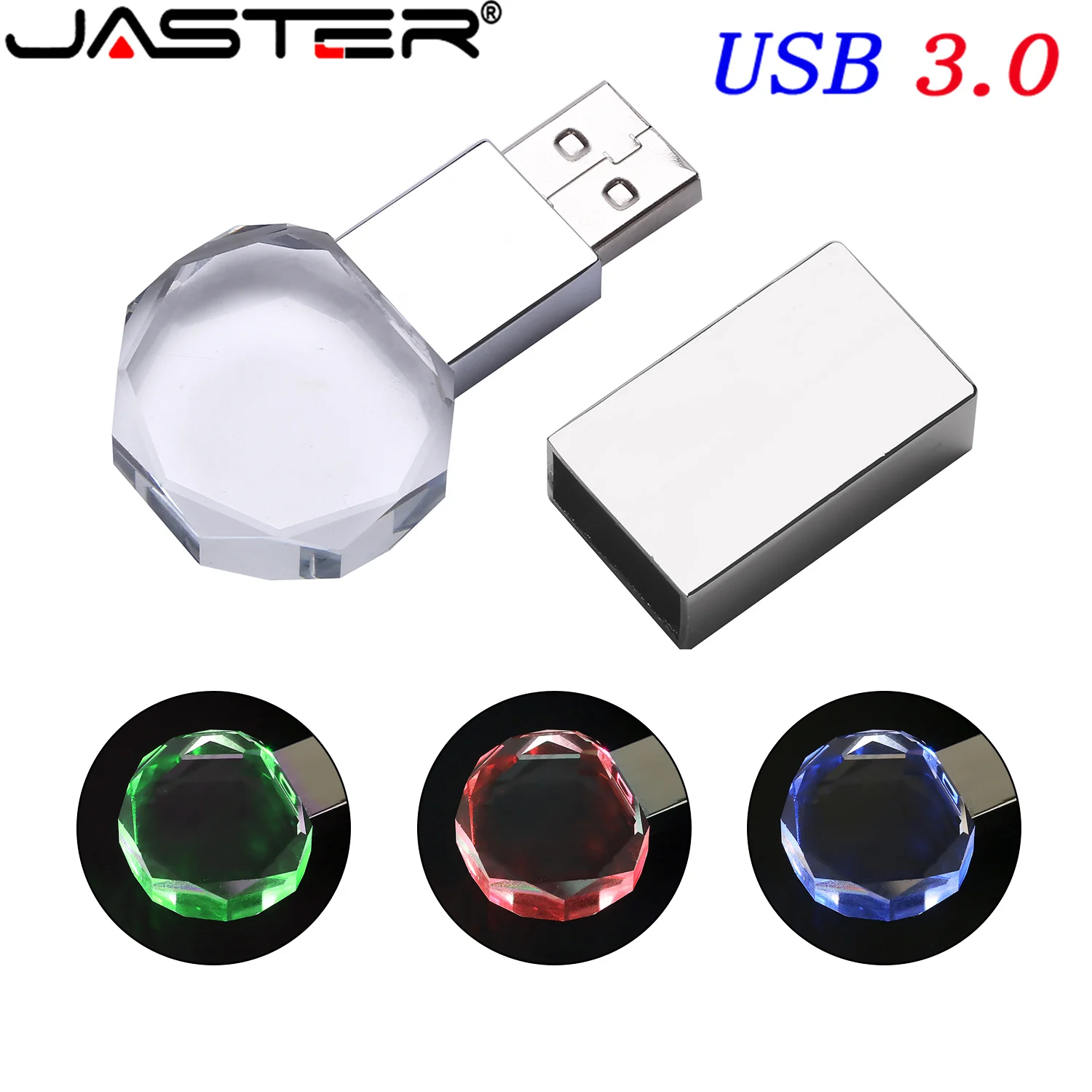 

JASTER USB Flash drive With LED Crystal USB3.0 Pendrive 4GB 8GB 16GB 32GB 64GB 128GB Transparent Glass Pen Drive Gift free logo