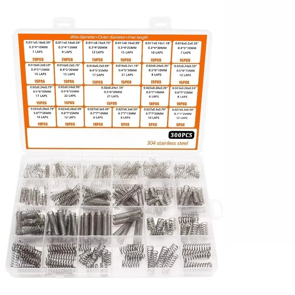 300PCS/box 304 stainless steel compression spring combination set 23 kinds of spring wire diameter 0.3mm-0.7mm