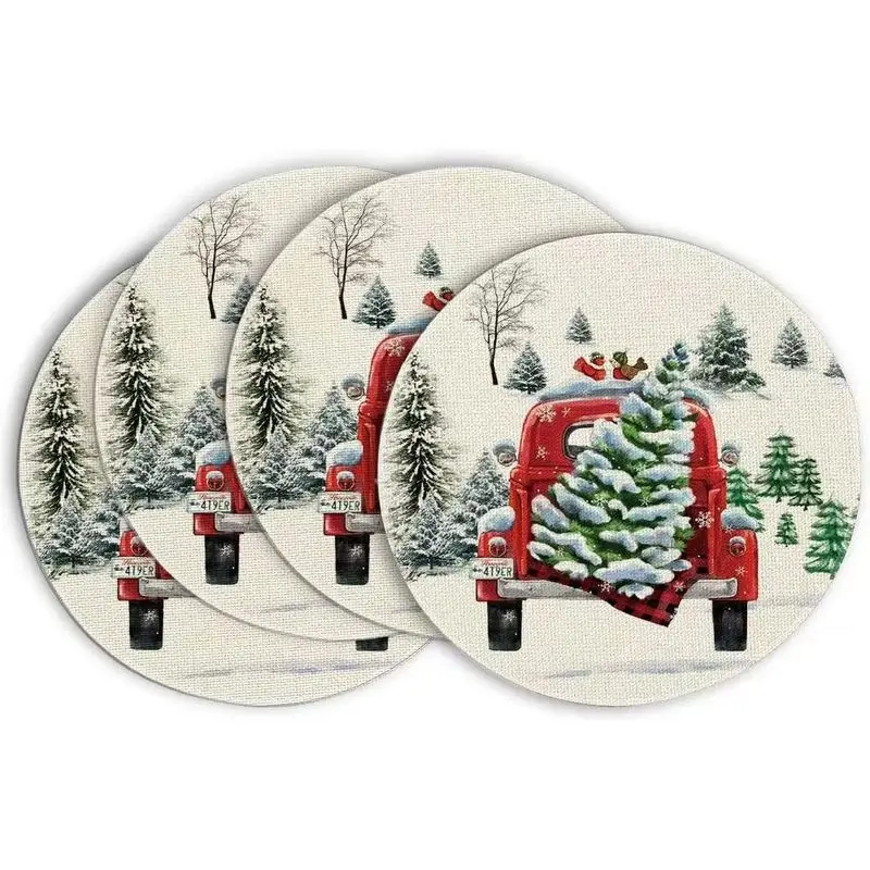Vintage Red Truck Christmas Tree Circular Christmas Placemat, Wear-Resistant Plate Mat, Home Dining Table Decoration Placemat