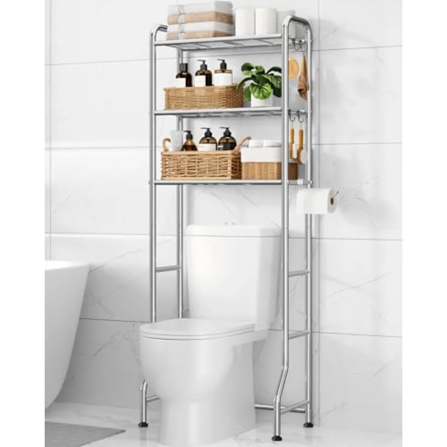 

Металлическая 3-ярусная полка-органайзер над унитазом с держателем для туалетной бумаги и крючками, серебристая, для ванной комнаты