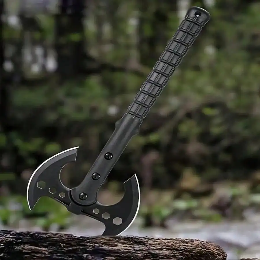 Hand Forged 16 Inch Bushcraft Axe Portable Survival Hatchet with Wood Handle Sheath Gloves Tool Card for Chopping Wood Black - view 3