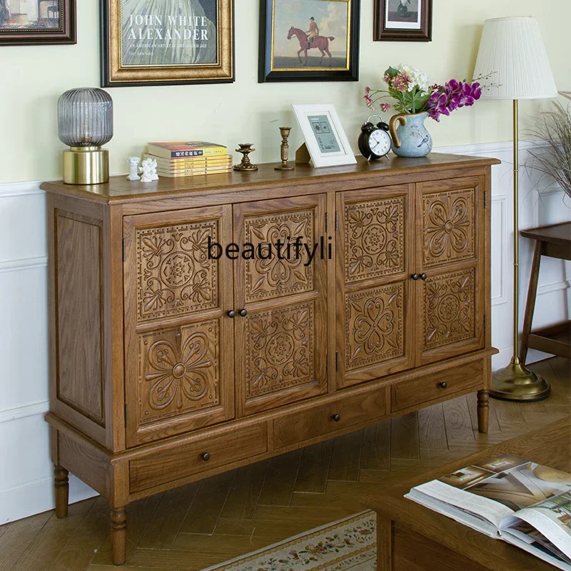 American country solid wood carved entrance cabinet retro pastoral sideboard oak living room bedroom storage cabinet