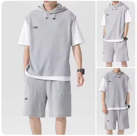 

Waffle Texture for Active Men's Two Pieces Outfit Men's Casual Sport Outfit Set with Hooded Drawstring Top Elastic Waist Shorts