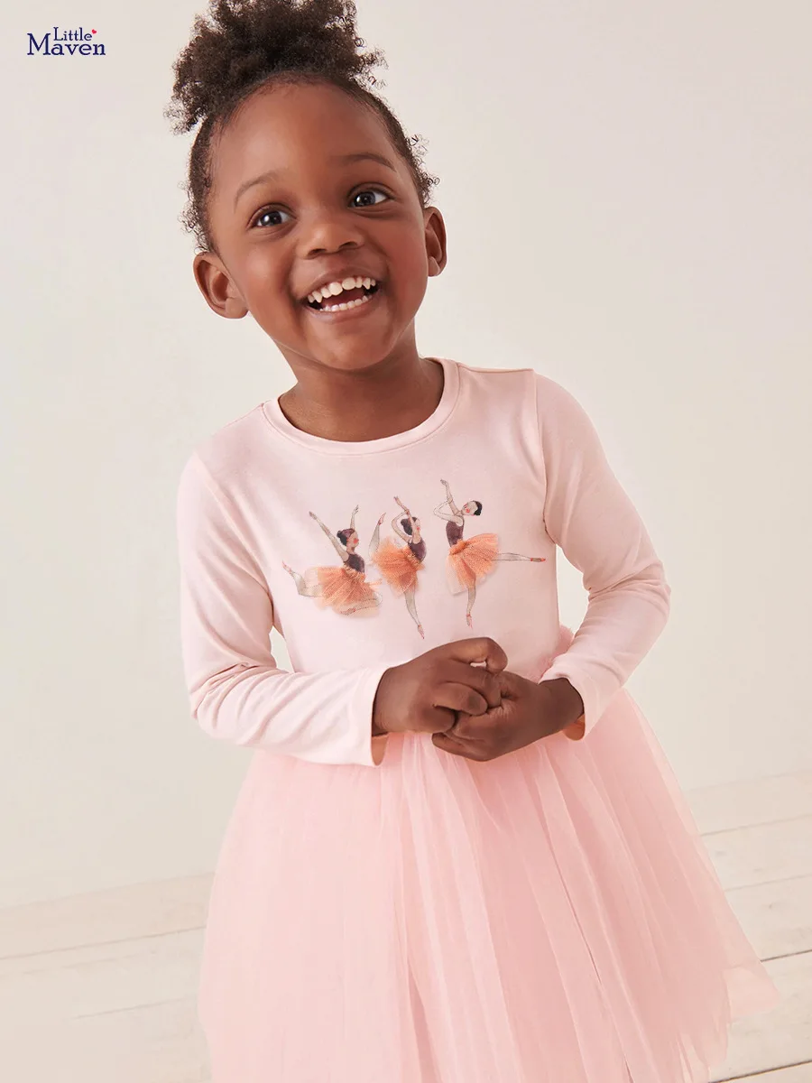 

Children Long Sleeves Dress Spring Autumn 2-7Years Girls Pure Cotton Mesh Princess Dress Kids Cartoon Print Casual Dress