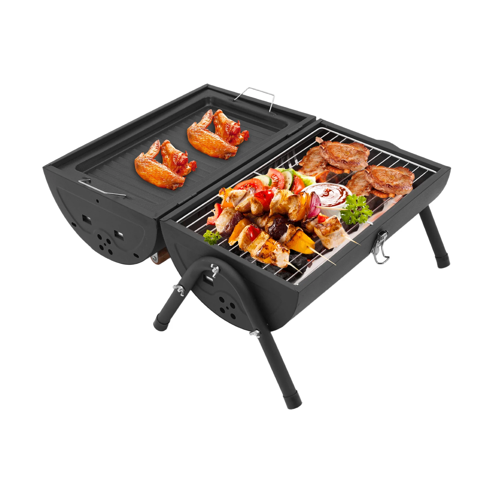 

Portable Charcoal BBQ Grill, Tabletop Outdoor Cooking Grill with 2 Baking Nets & 1 Baking Pan, for Camping, Picnic, Backyard