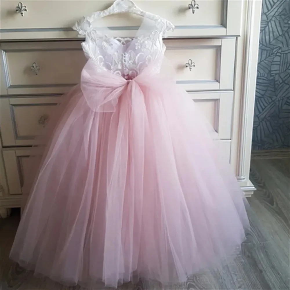 

Customized Pink Flower Girl Wedding Dress Tulle Appliques With Bow Sleeveless Princess Birthday Party Kids First Communion Gown