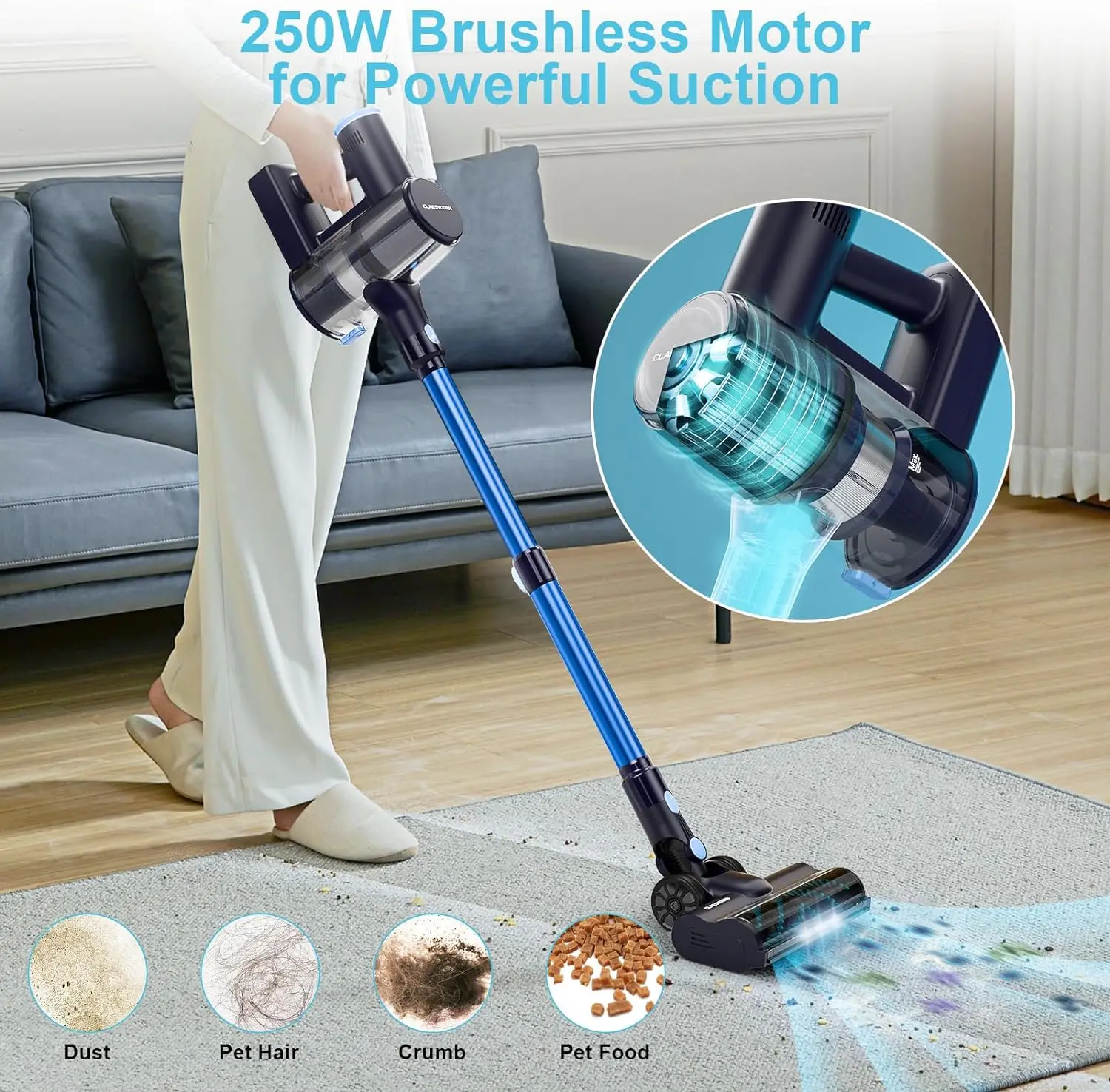 Cordless Vacuum Cleaner, 250W/21Kpa Up to 40mins Runtime Handheld Vacuum Cleaner for Hard Floor Pet Hair Home Car