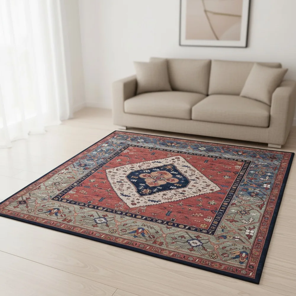 

Washable 4' Square Rug - Rust & Blue, Slip Resistant, Easy Clean for Kitchen, Bedroom, Nursery