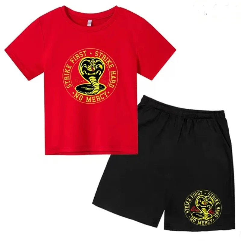 2024 Summer Children's Cotton T-shirt Set Two Piece Set for Boys and Girls Aged 2-16 with Cobra Pattern Printed Casual T-shirt