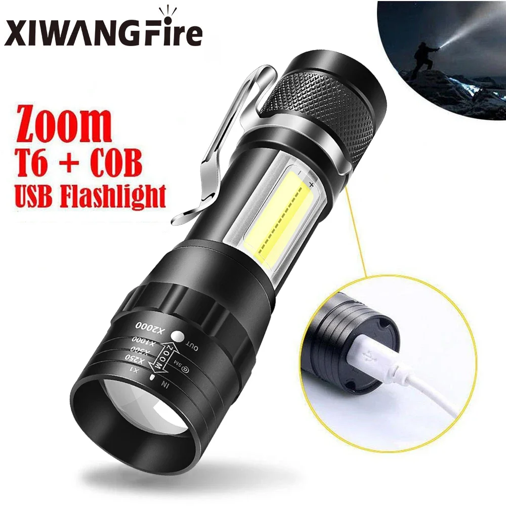 T6 COB Light Flashlight Rechargeable Portable LED Flashlight Built-in Battery Zoom Flash light 3 Mode Waterproof Emergency Torch
