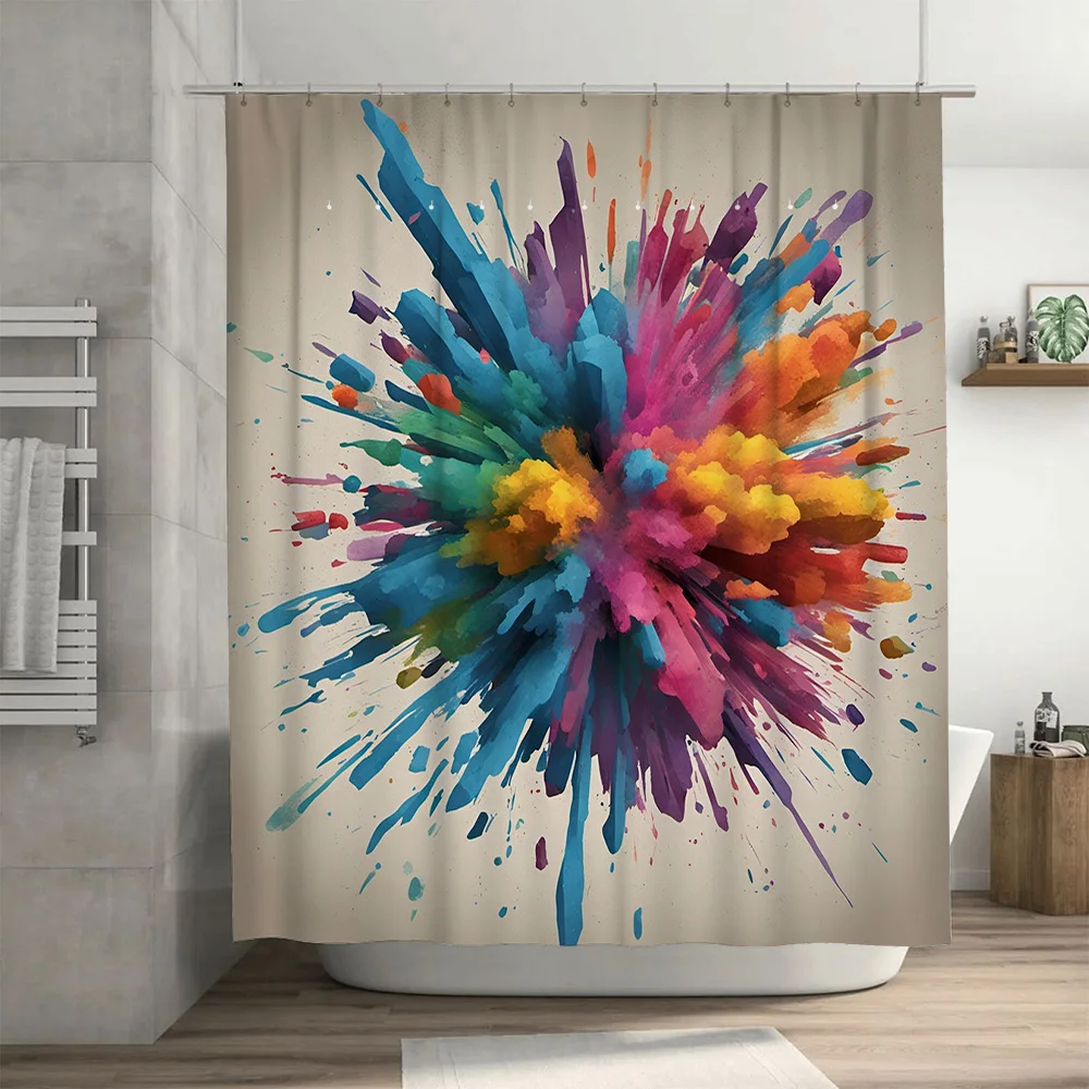 Bunter Duschvorhang, dekorative wasserdichte Badezimmerverkleidung mit blauem, violettem, gelbem rotem Spritzdesign (Größe 72 x 84)
