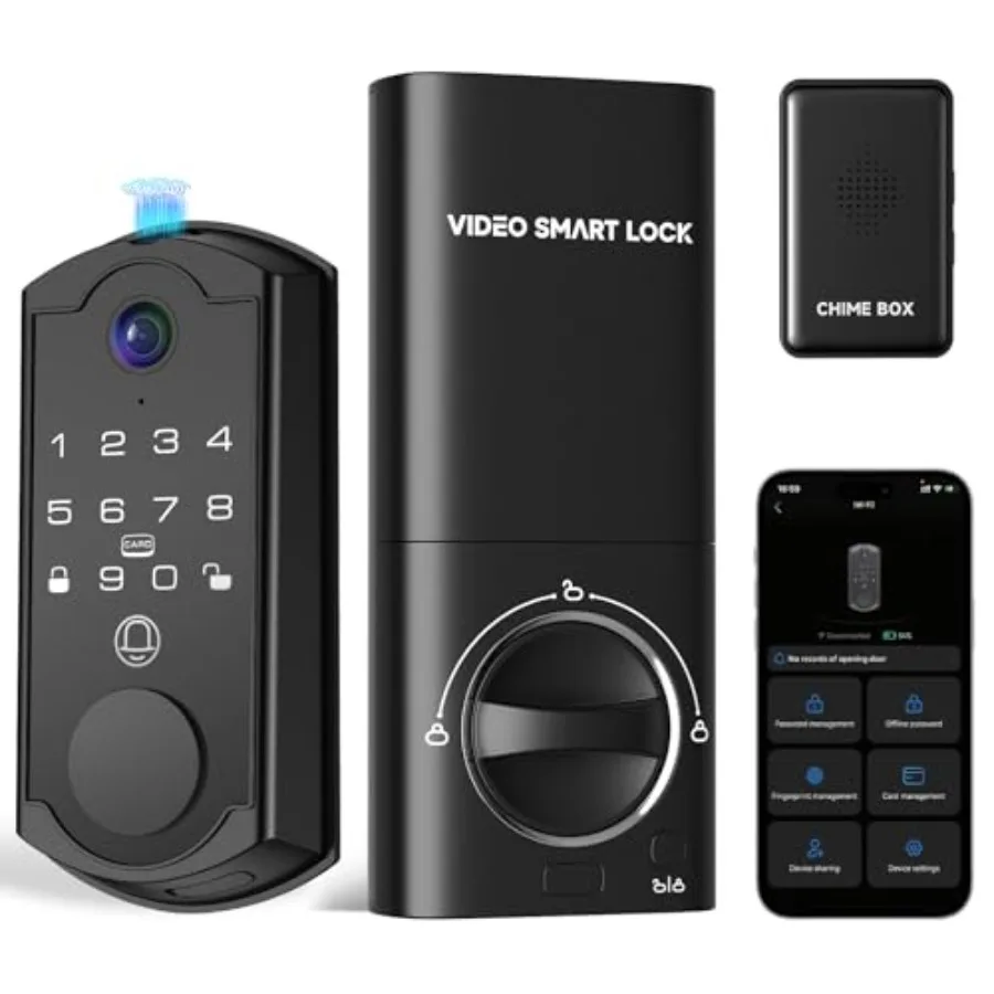 

Умный дверной замок с камерой, сканером отпечатков пальцев, кодовой панелью, дистанционным управлением через приложение, видеодомофоном с двусторонней аудиосвязью, автоматической блокировкой и функцией безключевого доступа.