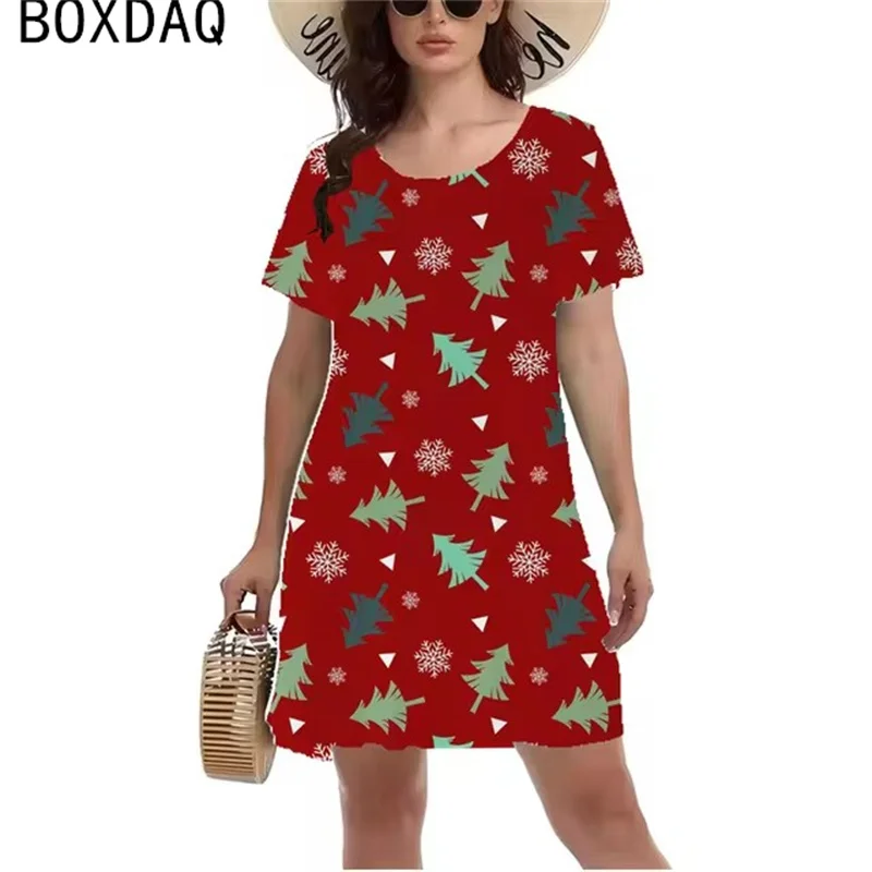 3D Fun Cartoon Santa Claus Pattern Printed Dress Women Short Sleeve O-Neck Casual A-Line Dress New Year Christmas Party Dress