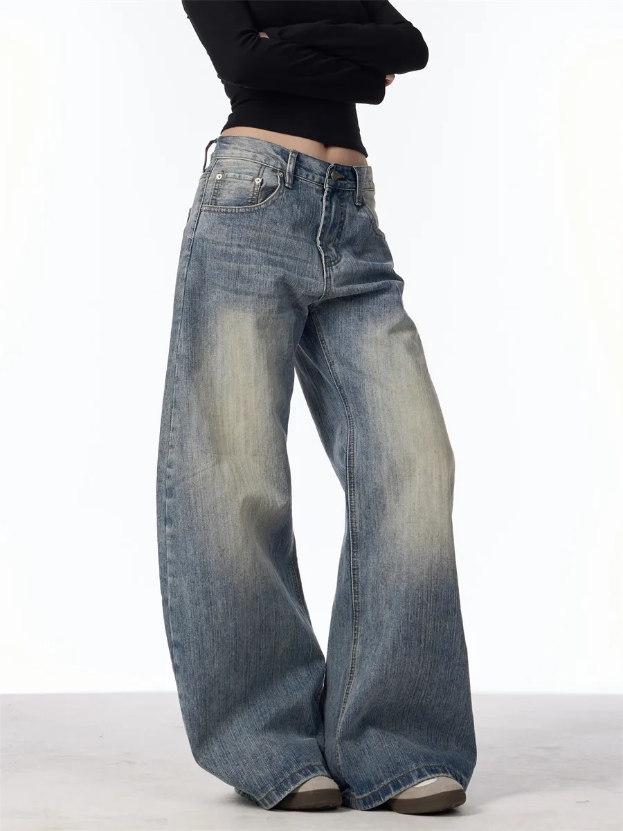 

Retro American High Street Washed Blade Denim Jeans Men Women Loose Straight Wide Leg Casual Long Trousers Trendy
