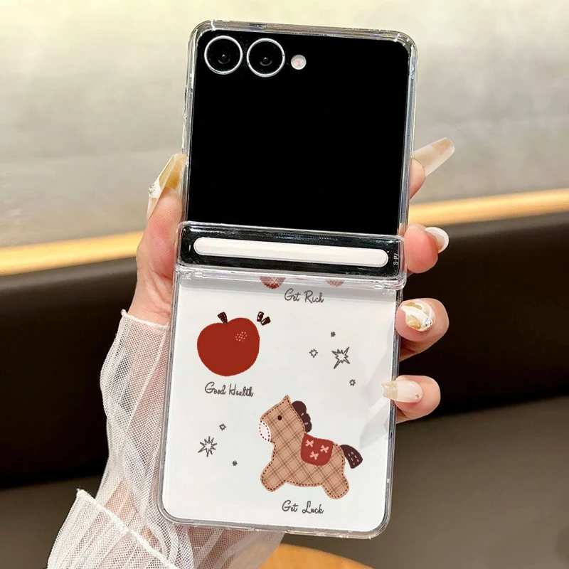 Magnetic Adsorption Clear Phone Case For Samsung Galaxy Z Flip7 Flip6 Flip5 Flip 7 FE 6 5 Cute Horse Pattern Folding Hard Cover