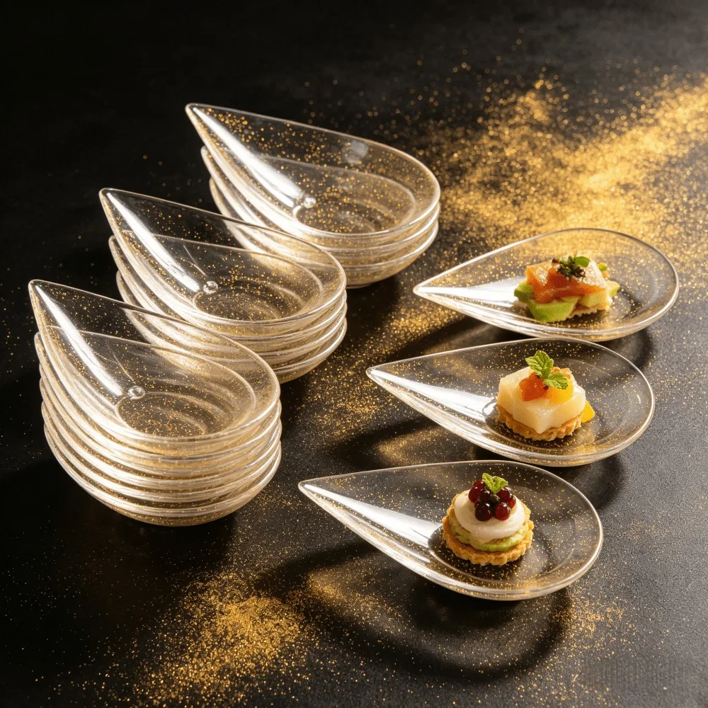 50PCS Disposable Tear Drop Dessert Tasting Spoon Crush-resistant With Glitter Dessert Dish Mini Gold Dipping Bowl Restaurant