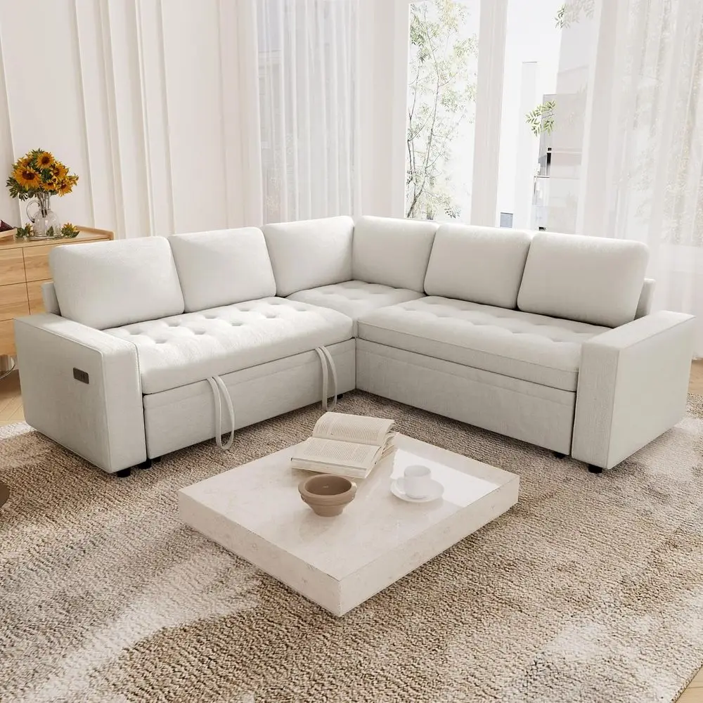 85 U-Shaped Sectional Sofa with Pull-Out Bed, Chenille Fabric, USB Ports, Reclining Seats, Storage, and Easy Assembly