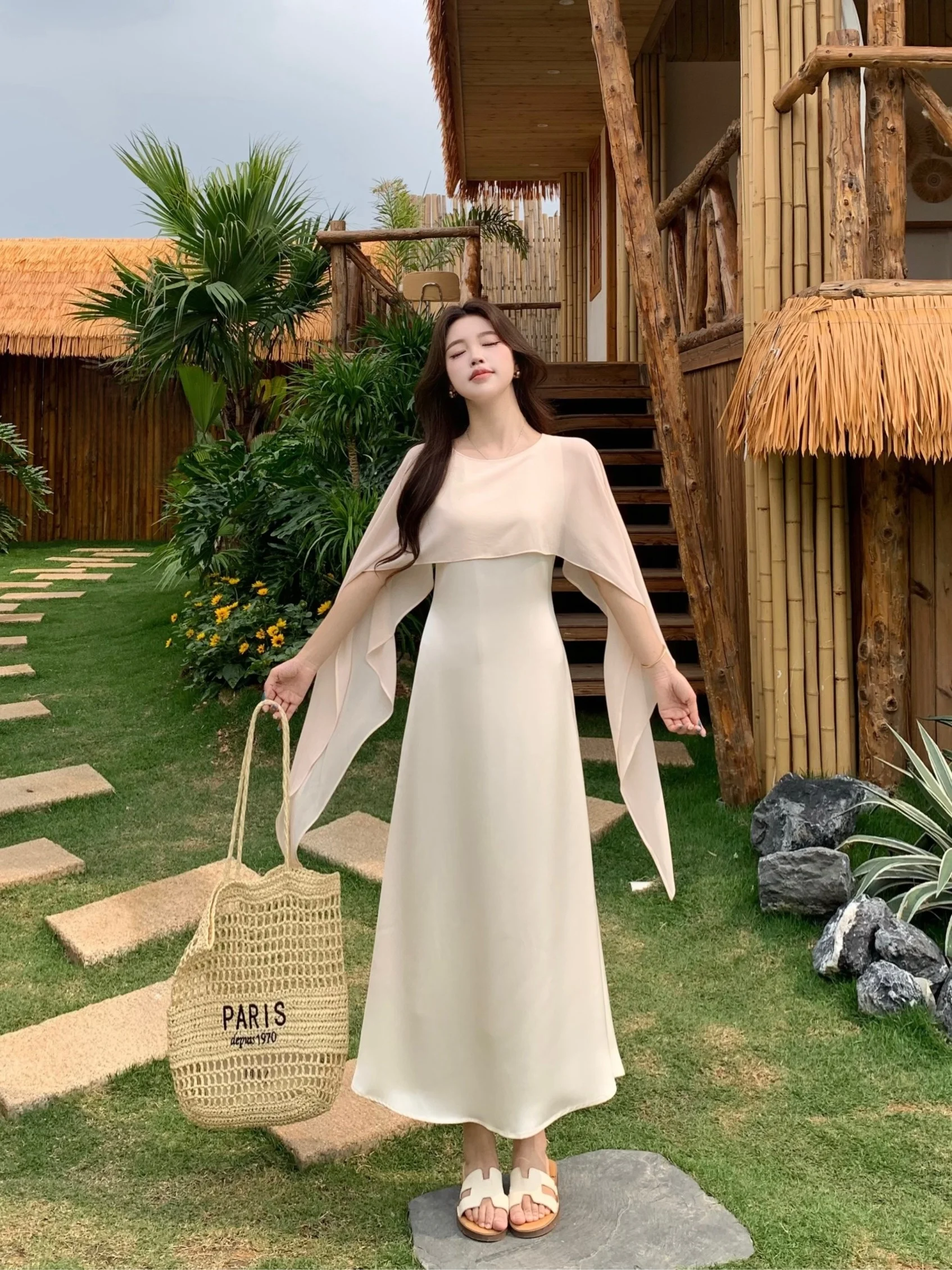 

plus Size Women's Dress Summer Design Sense Splice Cloak Shoulder Neck Fake Two-Piece Mid-Length Over-Knee Long Dress