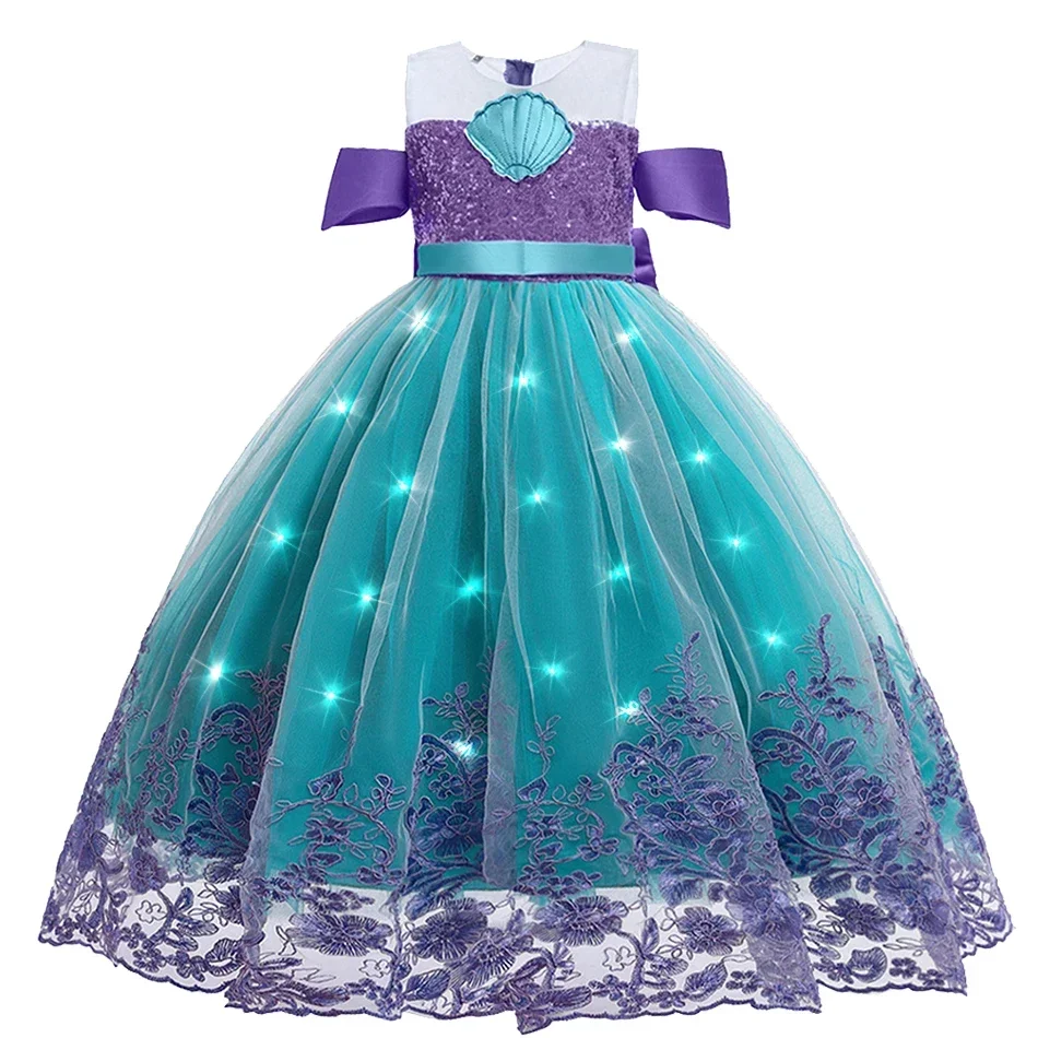 Girls Summer off Shoulder Little Mermaid Dress with LED Lights Kids Birthday Party Costumes Glowing Mesh Mid Length Dresses