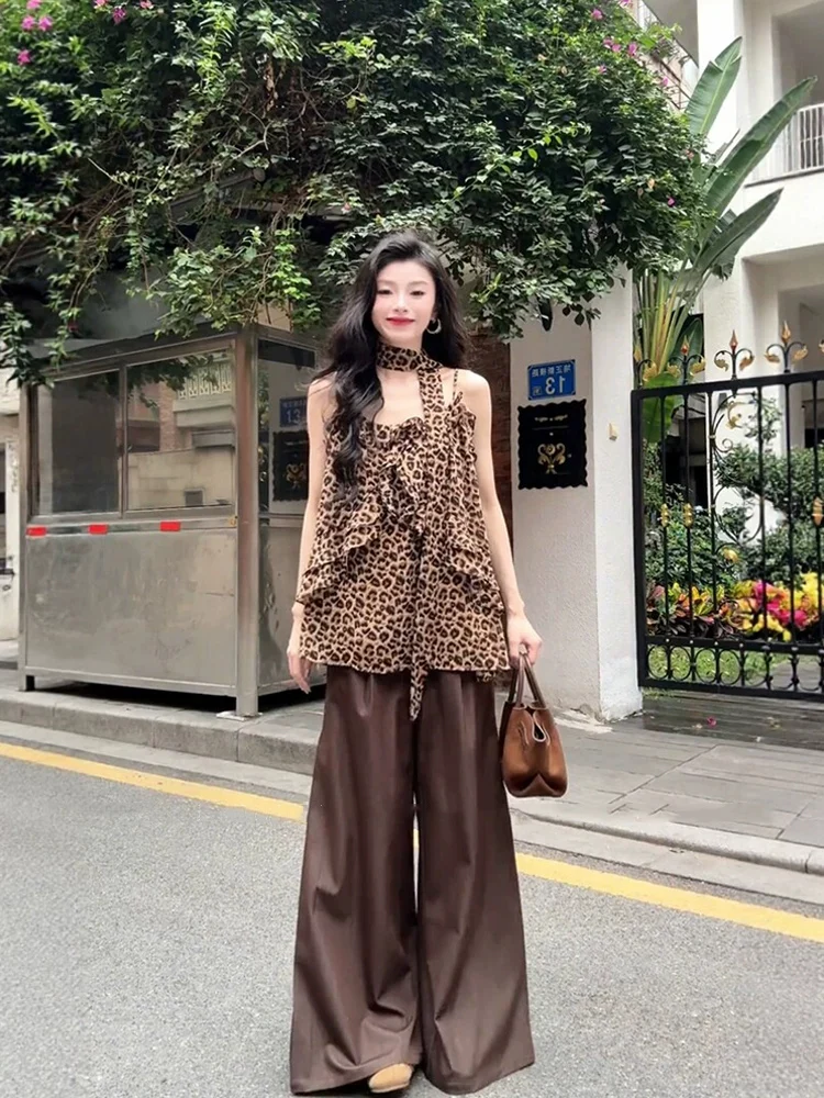 

XZY Retro plus Size Leopard Print Halter Top And Wide Leg Pants Set Women's Summer Casual Outfit High Waist Long Pants