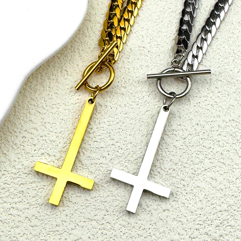 Gothic Upside Down Cross Witchcraft Pagan Inverted Cross Pendant Choker Chain Necklace for Women Men Stainless Steel Jewelry