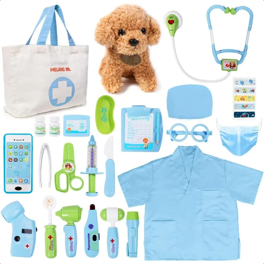 

Meland Toy Doctor Kit for Pretend Play Doctor Set with Dog Toy Carrying Bag Stethoscope Toy Dr Up Costume Doctor Play Gift for