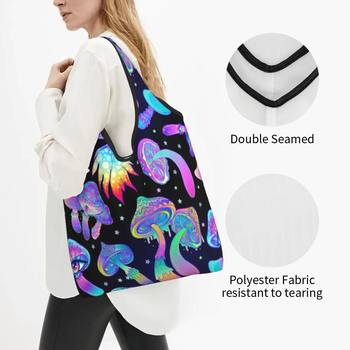 Psychedelic Magic Mushrooms Grocery Tote Shopping Bags Women Custom Shoulder Shopper Bag Large Capacity Handbag