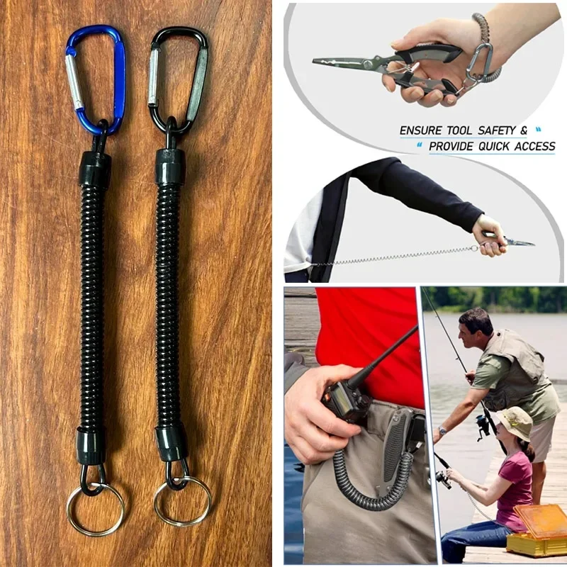1/2/5pcs Fishing Lanyards Tactical Retractable Spring Elastic Rope with Carabiner Hiking Camping Anti-lost Keychain Fishing Tool