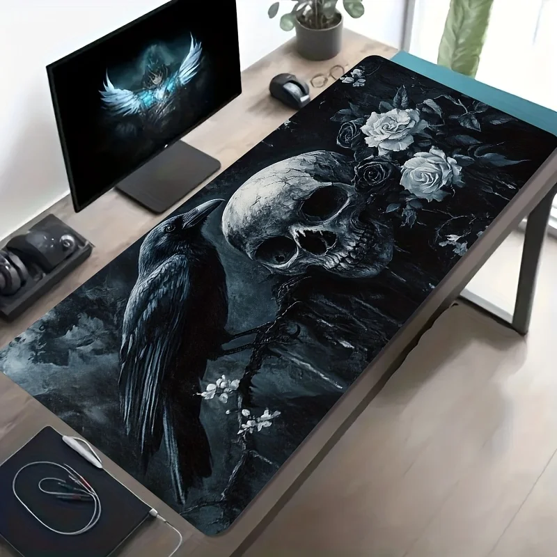 CIFBUY Large Gaming Mouse Pad Black Crow Skull Rose Art Non-slip Washable Rubber Base Oversized Desk Mat Office Computer Decor