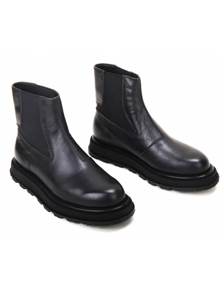 Vintage Men Thick Platform High Top Business Work Safety Shoes Genuine Leather Chelsea Boots New Round Toe Slip On Ankle Boots