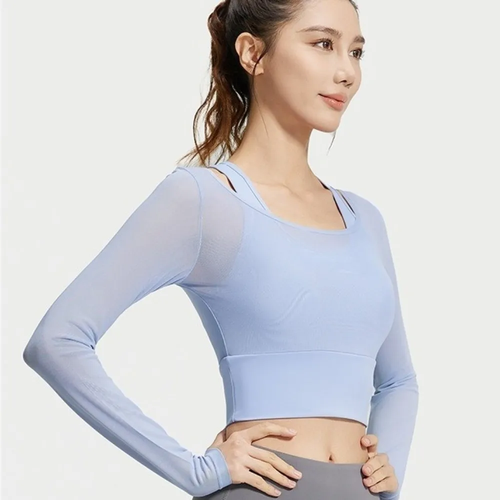 Long Sleeved Fitness Yoga Top Fixed Chest Pad Mesh Splicing Women Sports Top Pullover Neck High Elastic Workout T-shirt