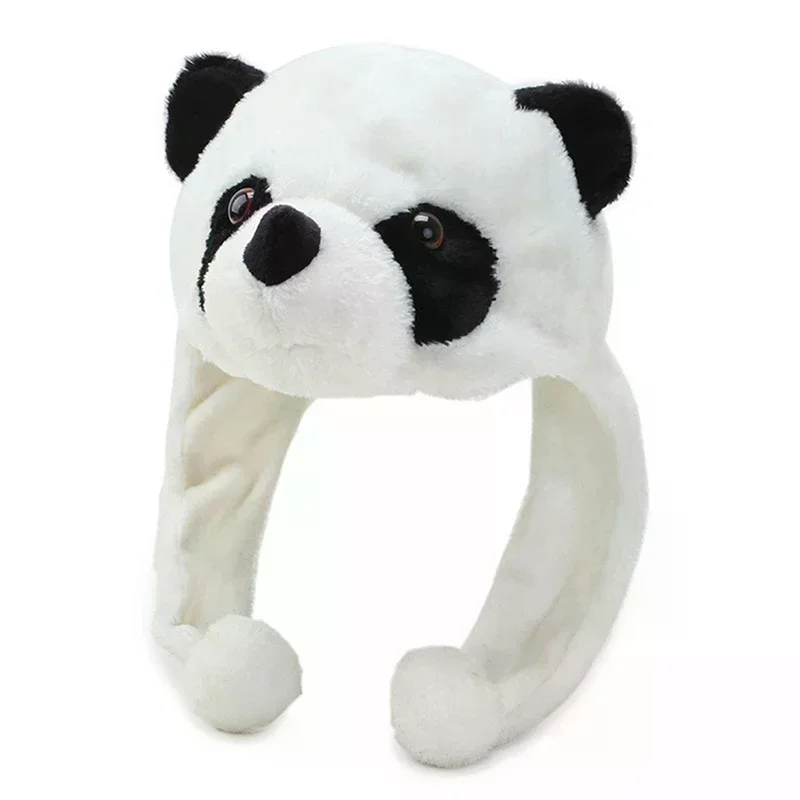 Adult Kids Cartoon Plush Panda Hat with Pom Pom Ends Long Straps Thermal Warm Winter Caps