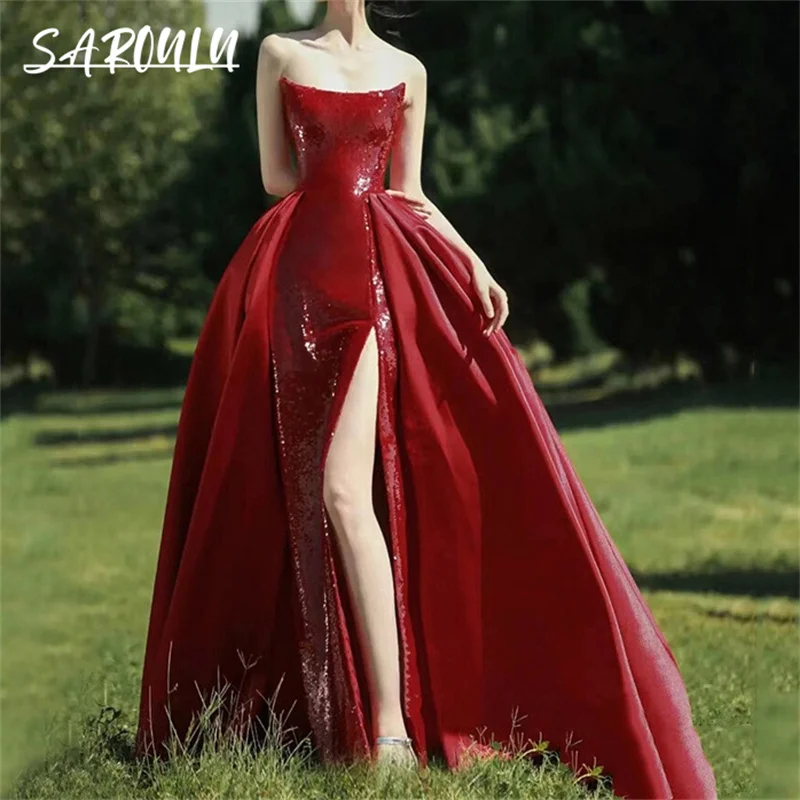 Red Sequined Long Evening Dress For Women With Side Slit Sexy Strapless Ballgown Prom Dress In Stock Court Train Party Gown