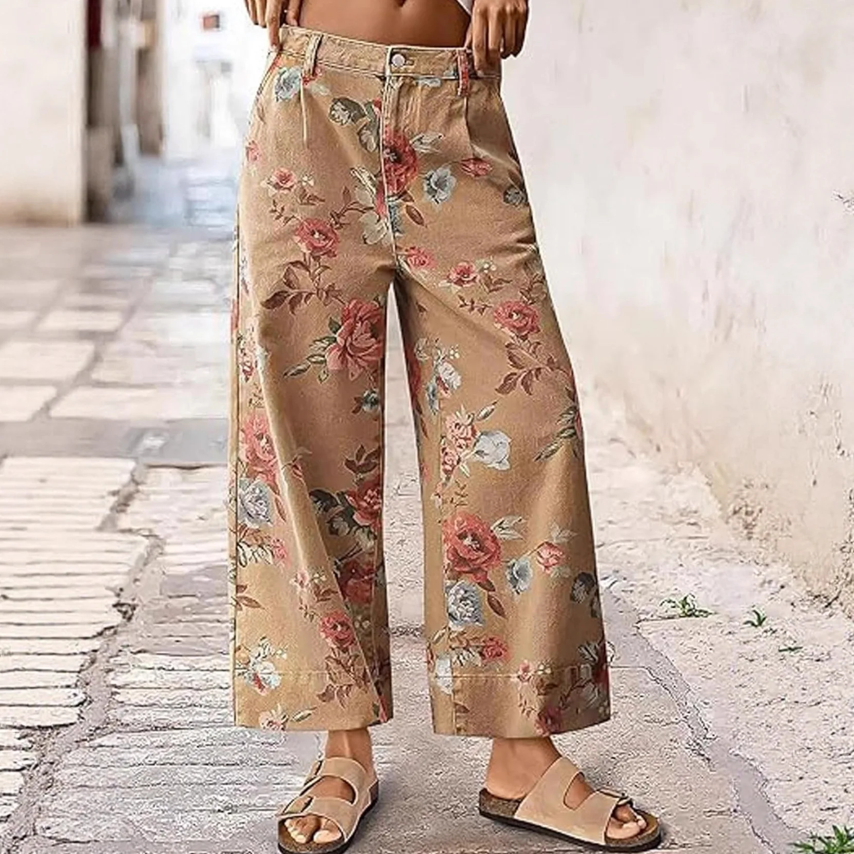 

Women's Mid-Waist Wide Leg Jeans Floral Print Bohemian Style Loose Fit Nine-Piece Pants European Style Casual Deep Color