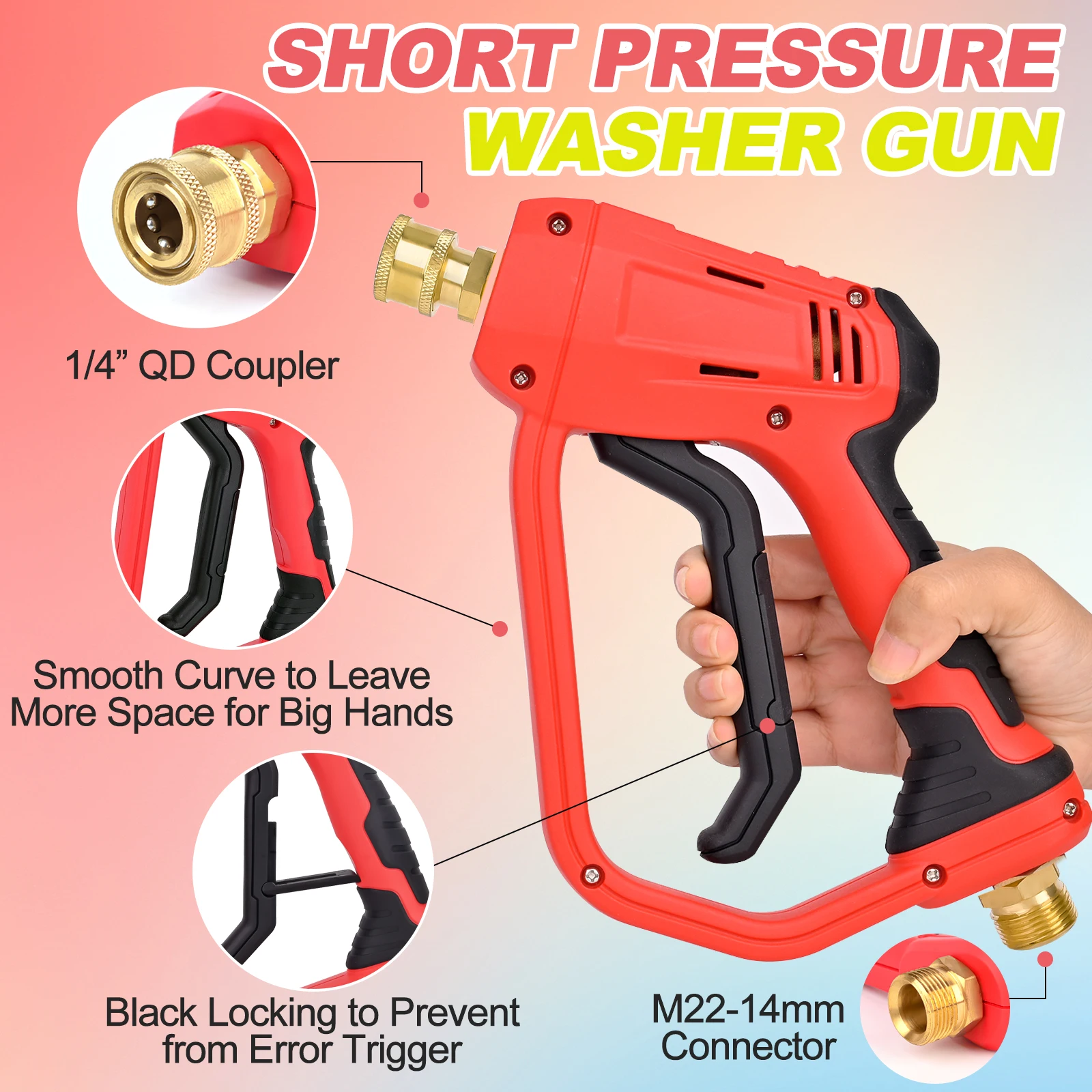 BEAR FORCE Pressure Washer Short Gun with M22-14mm, Inlet 1/4” Quick Connector Coupler & M22-ID15mm Connector, Power Washer Gun