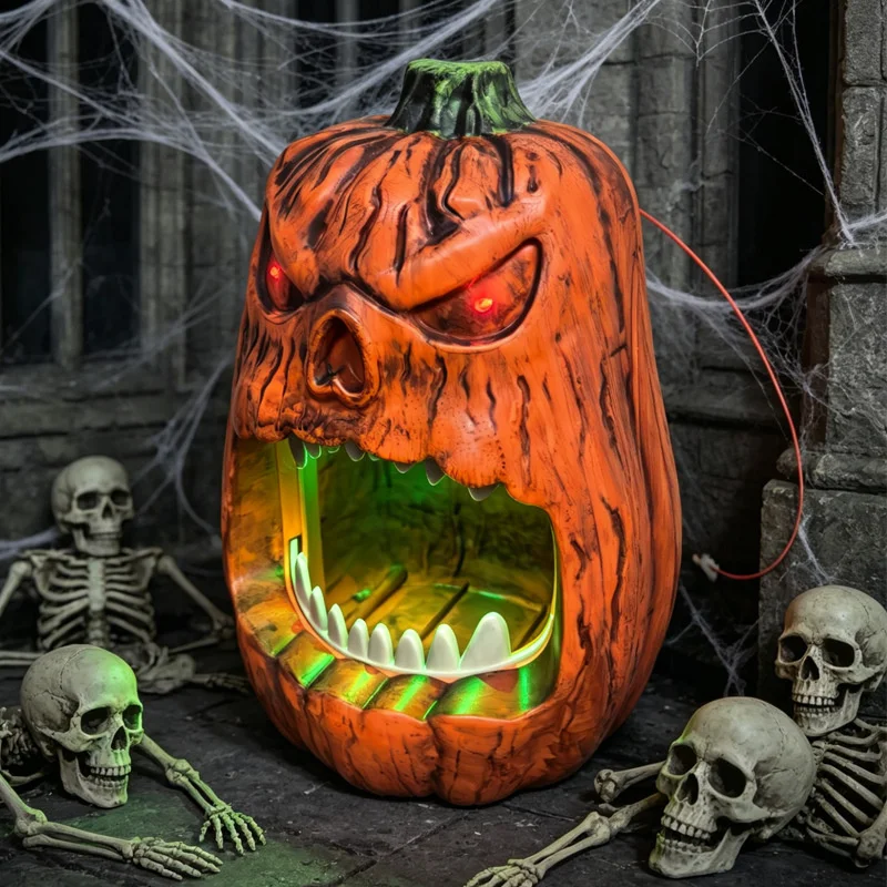Halloween LED Lighted Pumpkin Candy Bowl Voice Activated Skull Face Lantern Outdoor Party Trick Treat Decoration Prop view 3