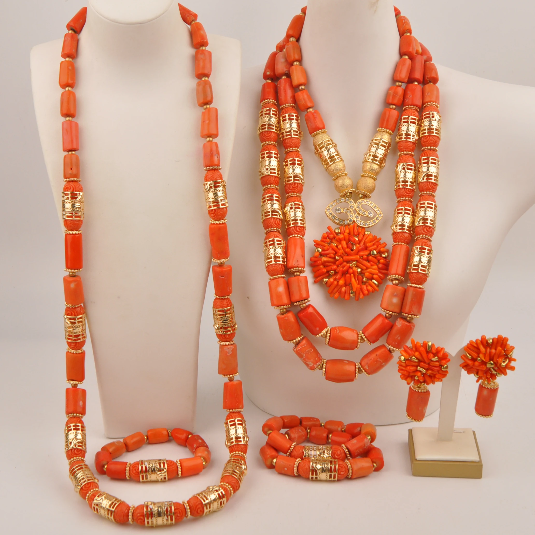 Nigerian wedding bride necklace orange original coral african beads jewelry set