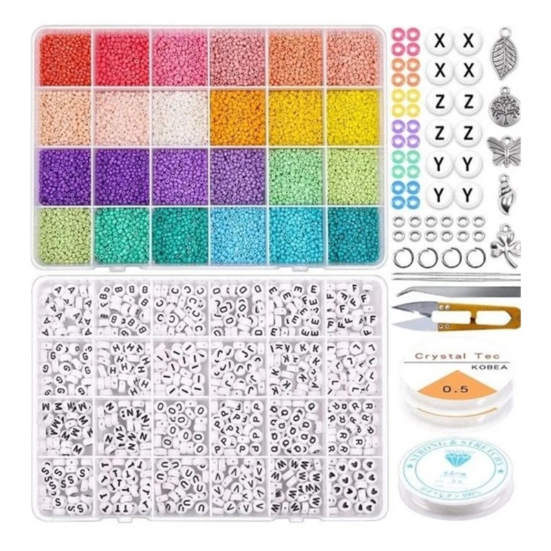 

DIY Jewelry Making Kit 14400pcs 3mm Glass Seed Beads and Alphabet Letter Beads with Charms String Bracelets Accessories