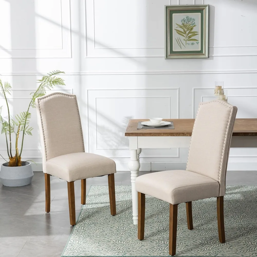 Stylish Upholstered Parsons Dining Chair with Nailhead Trim and Sturdy Solid Wood Legs, Set of 4, Cream