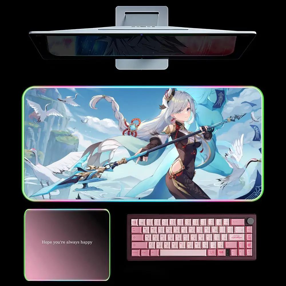 

G-Genshin Impact S-Sexy S-Shenhe Mouse Pad RGB Gaming Mousepad LED Large Games Mouse pads XXL Keyboard Pad Luminous Desk Mat Bac