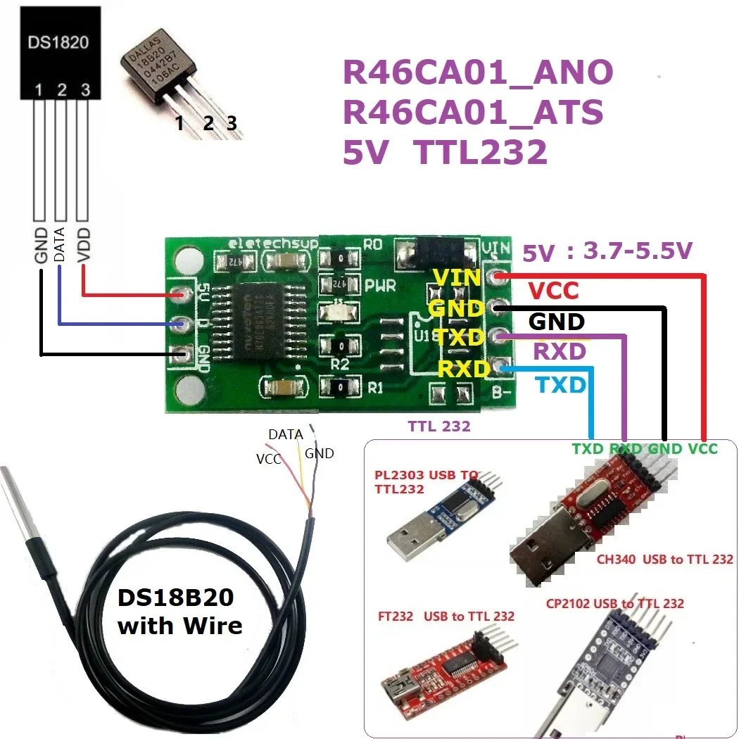 Modbus RTU Temperature Sensor Remote Acquisition Monitor Module DC 3.7-25V DS18B20 RS485 RS232 TTL For Arduino PC PLC MCU