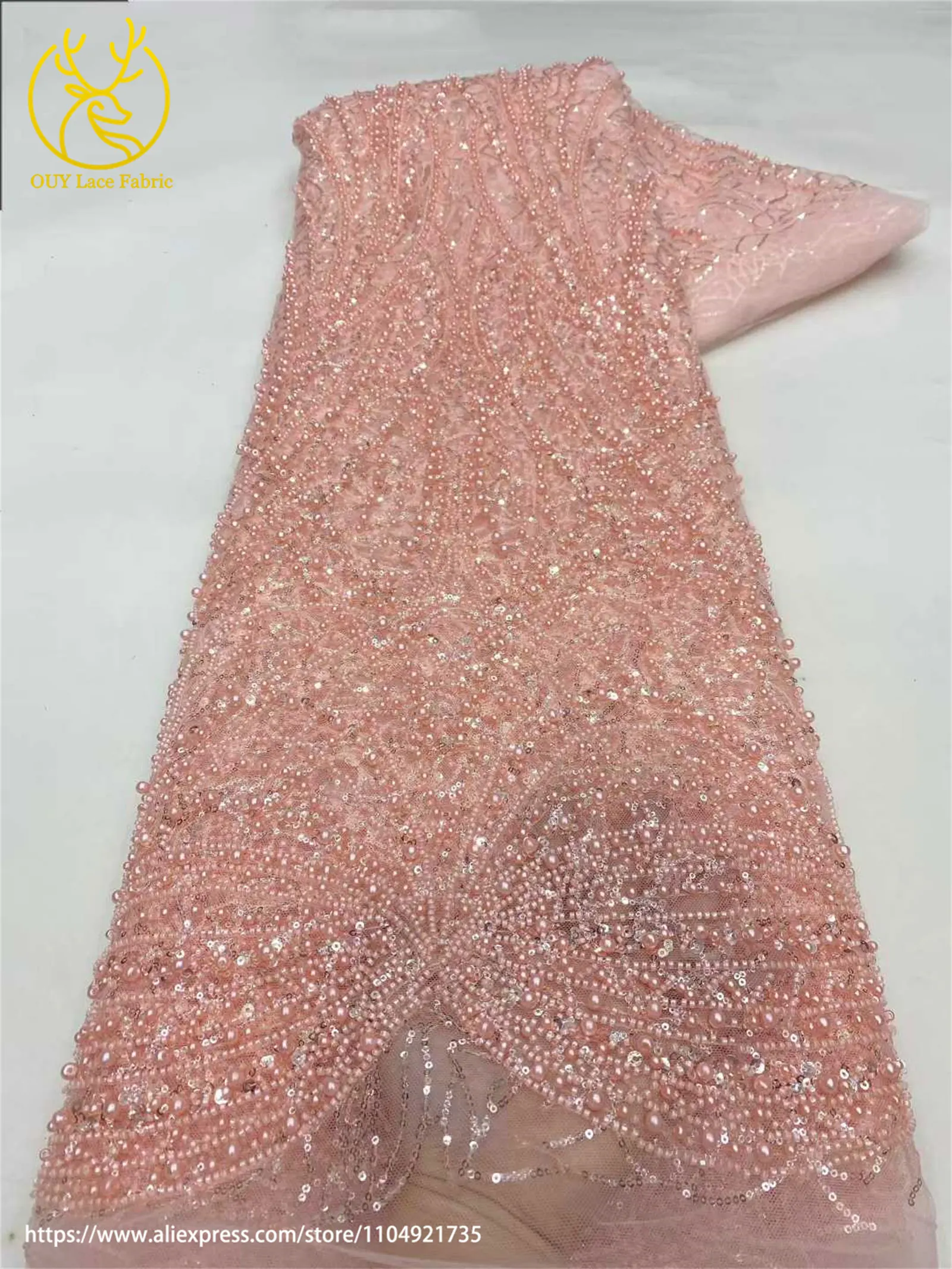 Wunderschöner Modischer Afrikanischer Nigerianischer Perlen-Spitzenstoff 2026 Rosa Französischer Pailletten-Spitzenstoff zum Nähen von Hochzeits- und Partykleidern – Detail 12