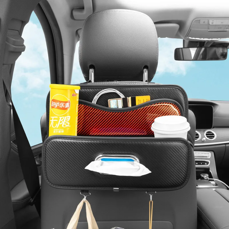 

Car Seat Back Storage Box Carbon Fiber Leather Headrest Backseat Hanging Organizer With Cup Holder Hooks Paper Tissue Bag