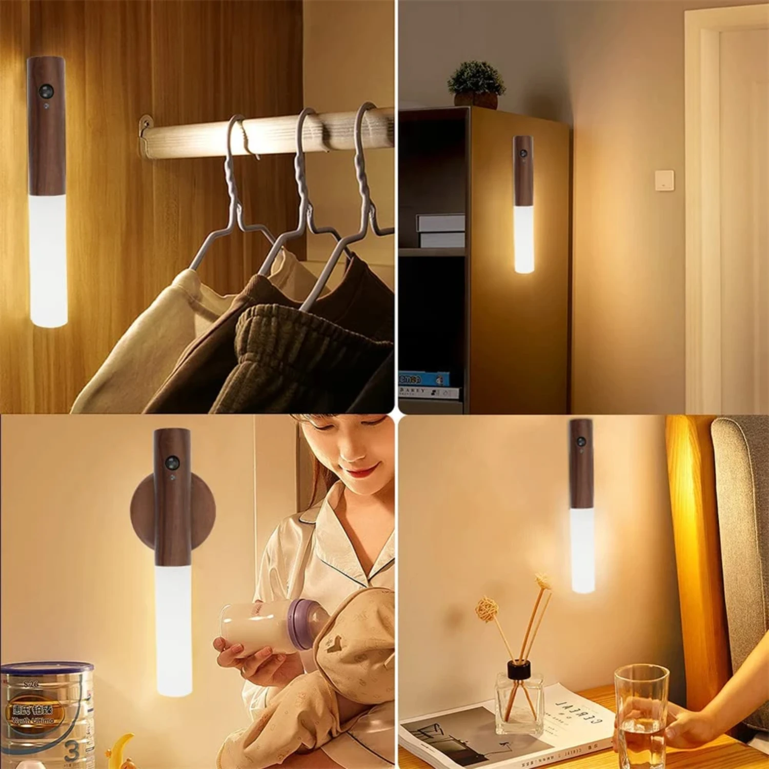 New LED Motion Sensor Wall Lamp for Corridor Cabinet Wardrobe, Wireless Wood Stick Night Light, Decor Light