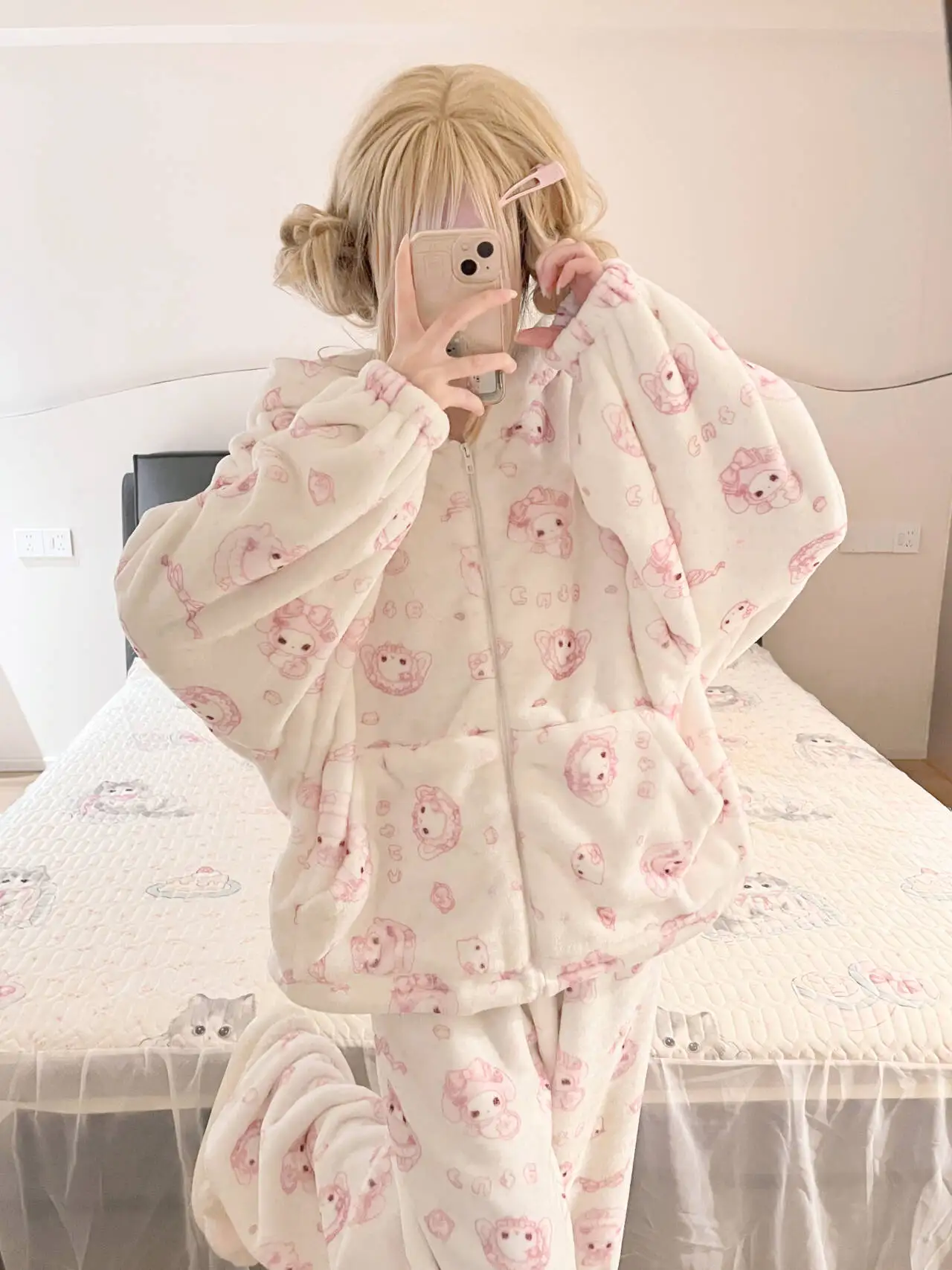 original-design-winter-new-pink-sheep-sleepwear-flannel-warm-cute-girl-home-clothes-set-cartoon-style-long-sleeve-zipper-closure